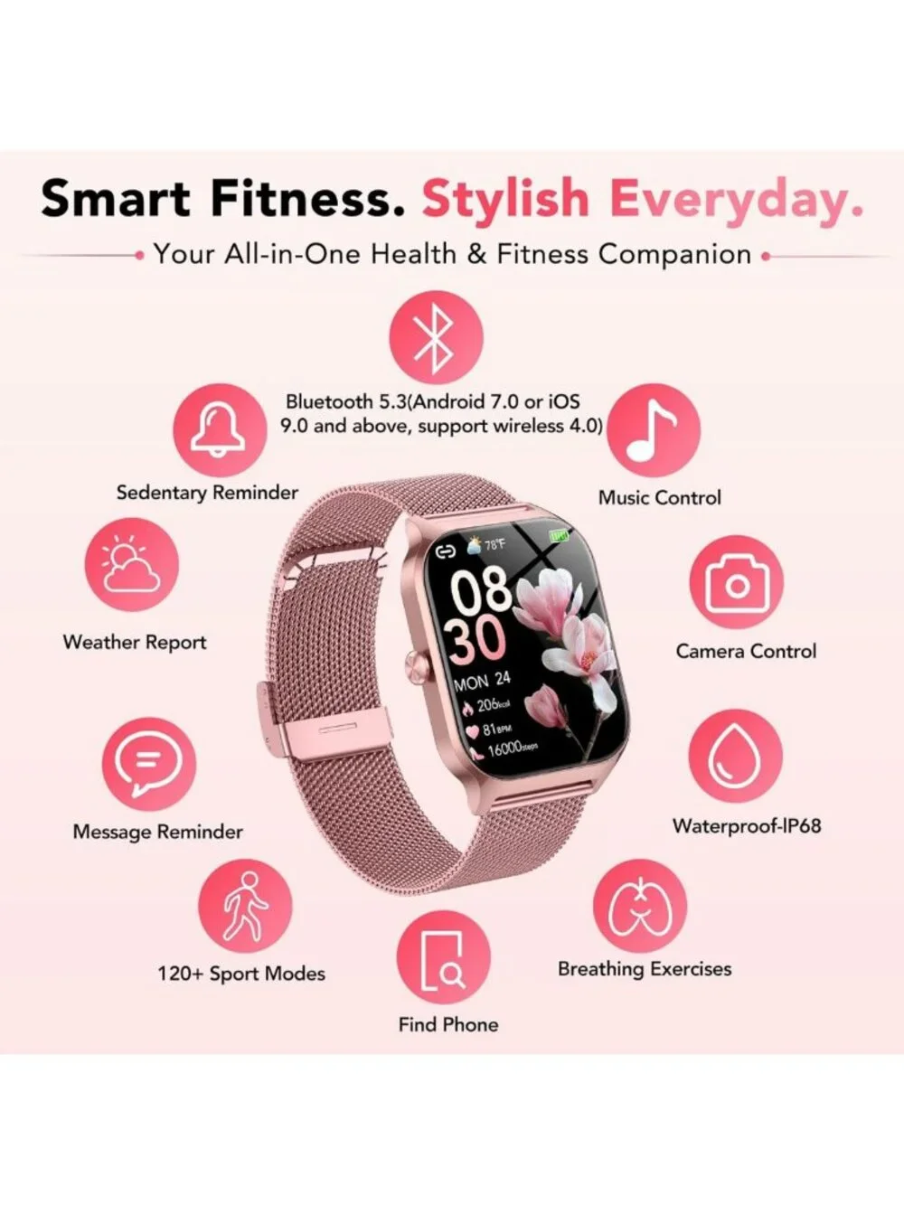 Stylish Smartwatch for Women - HD Touchscreen, Fitness Tracker, Waterproof, 120